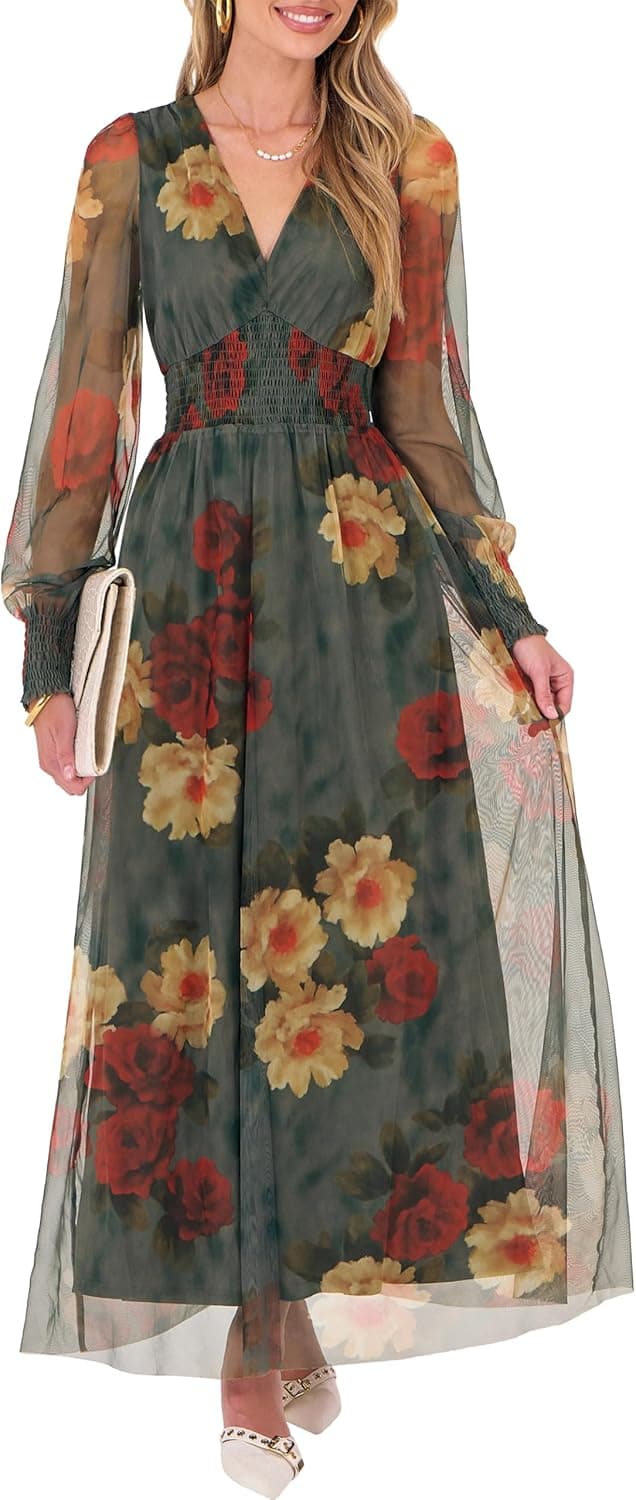 ANRABESS Romantic Floral V-Neck Maxi Dress with Puff Sleeves - Image 1