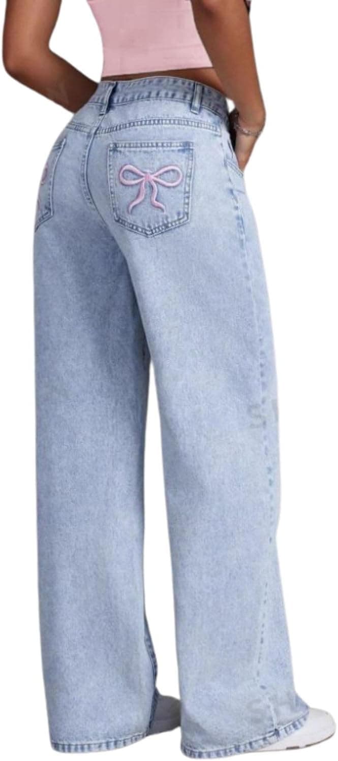 PEAINJ High-Waisted Bow Detail Straight Leg Jeans - Image 1
