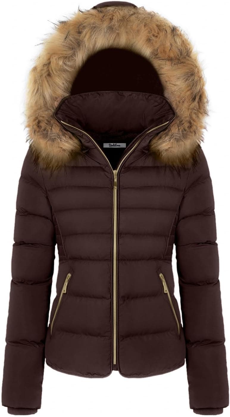 BodiLove Brown Faux Fur Hood Puffer Jacket with Fleece Lining - Image 1