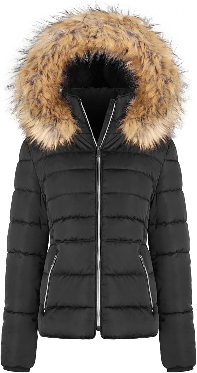 BodiLove Faux Fur Hooded Puffer Jacket - Black with Silver Zipper - Image 1