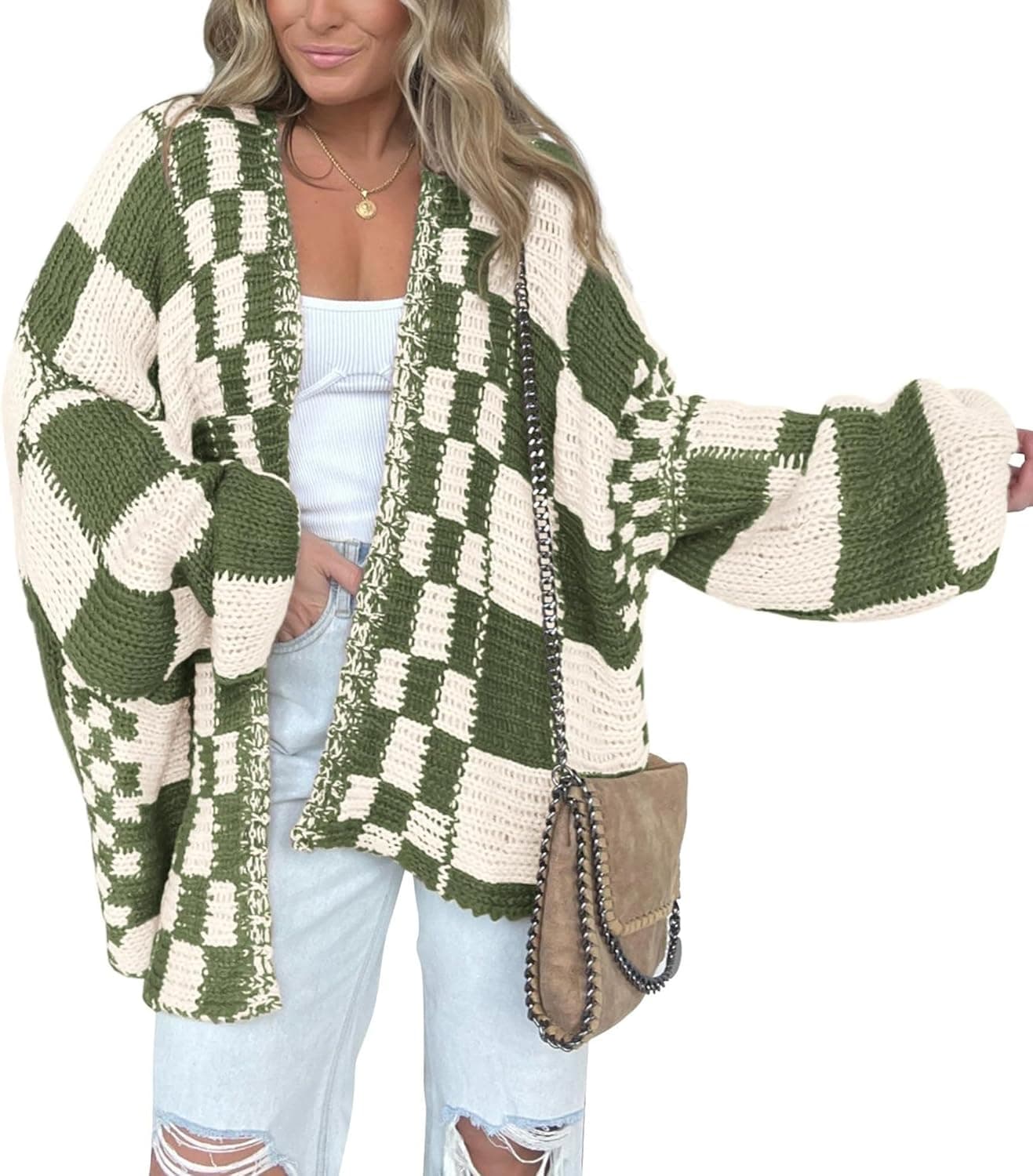 BTFBM Checkered Chunky Knit Open Front Cardigan - Image 1