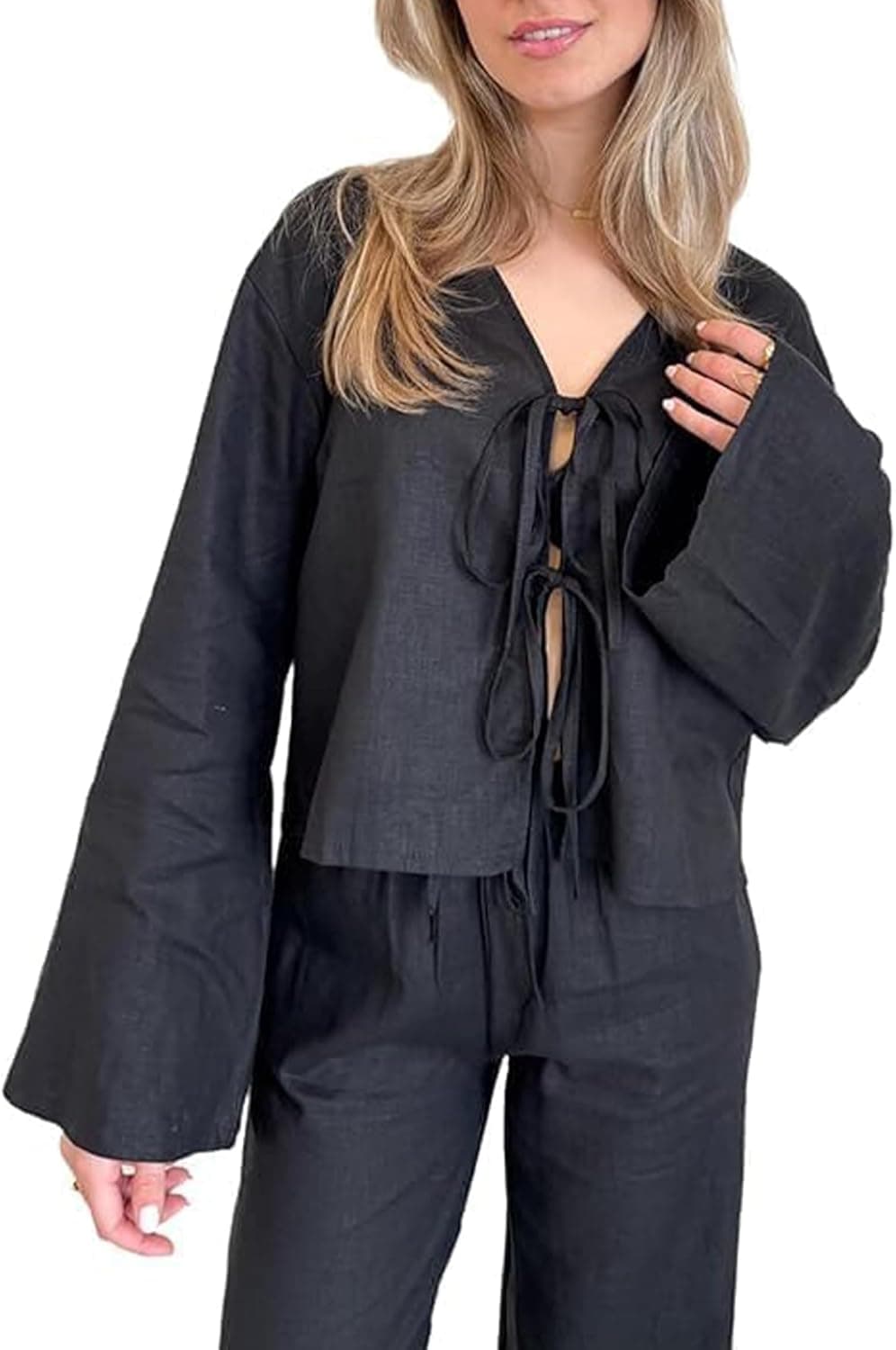 Chvity Tie Front Y2K Linen Blouse with Flare Sleeves - Image 1