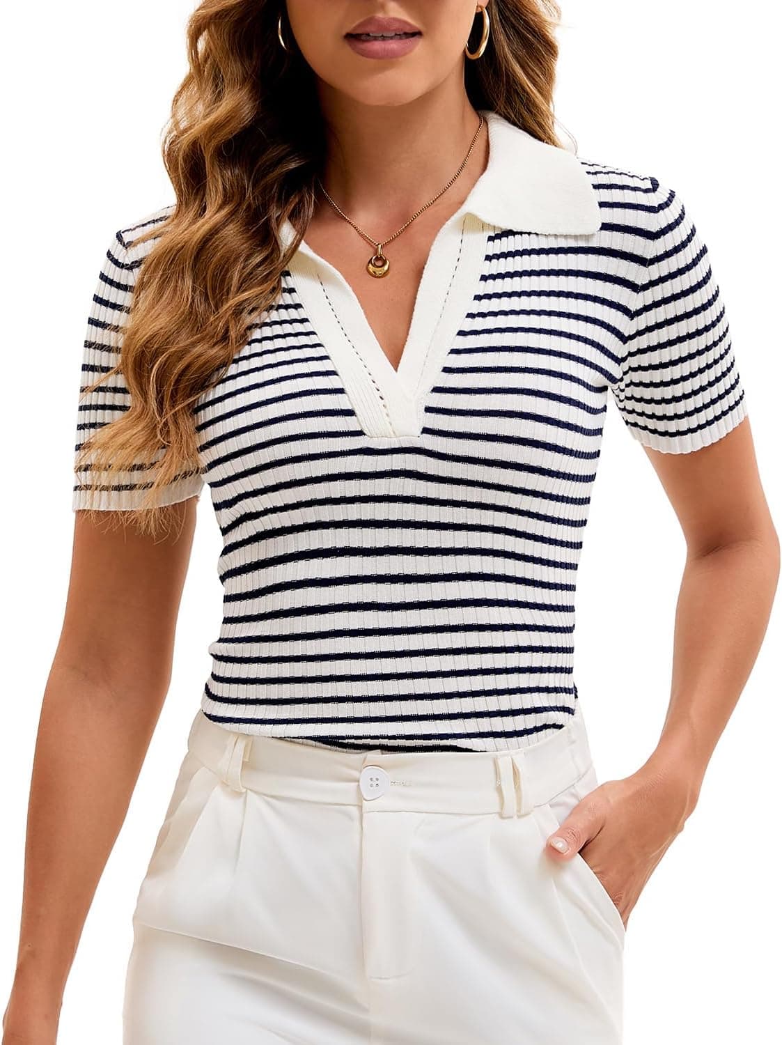 Cioatin Striped Knit Polo Crop Top - V-Neck Vintage Collar - Image 1