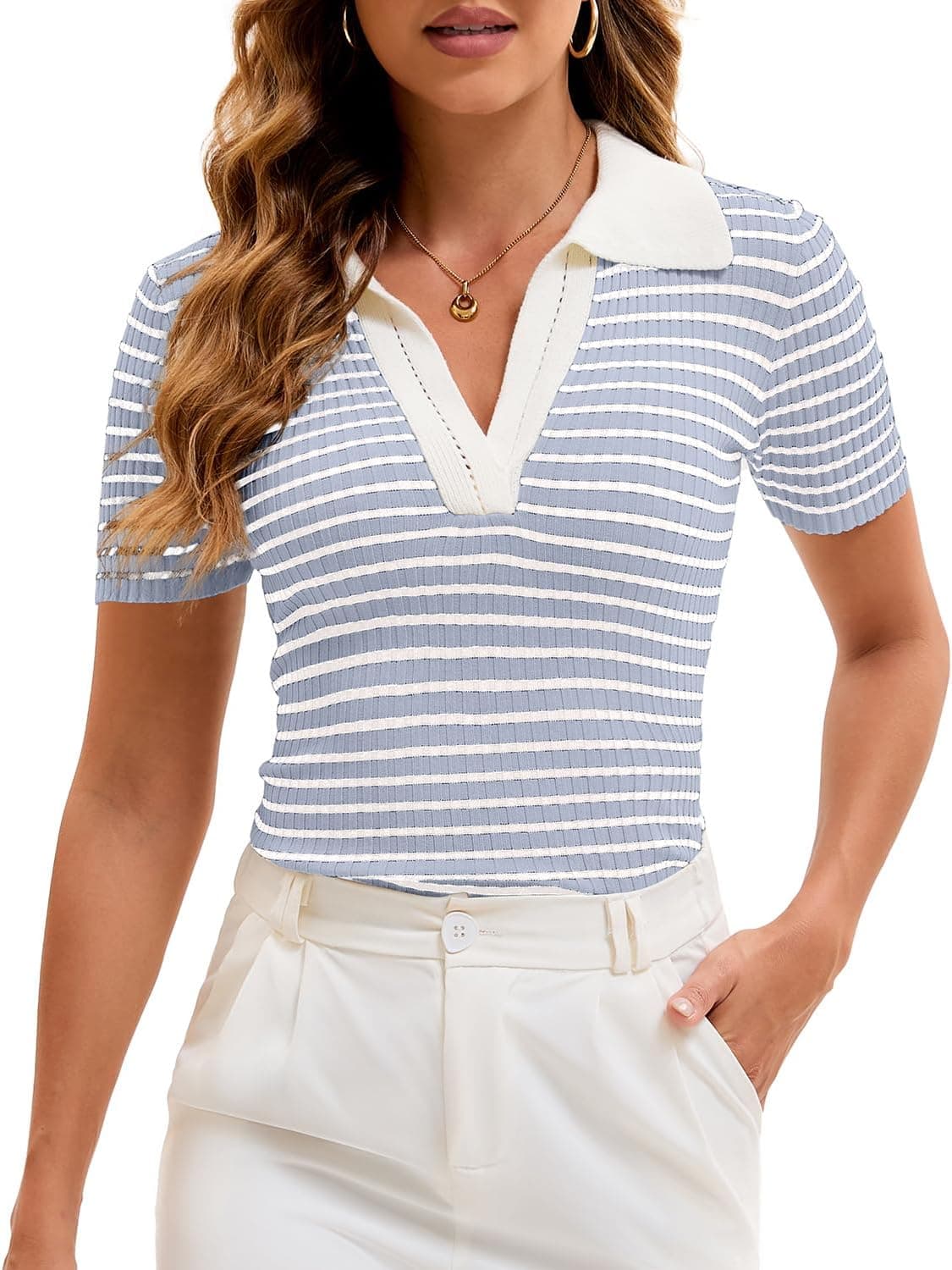 Cioatin Striped Knit Polo Crop Top - Vintage V-Neck Short Sleeve - Image 1