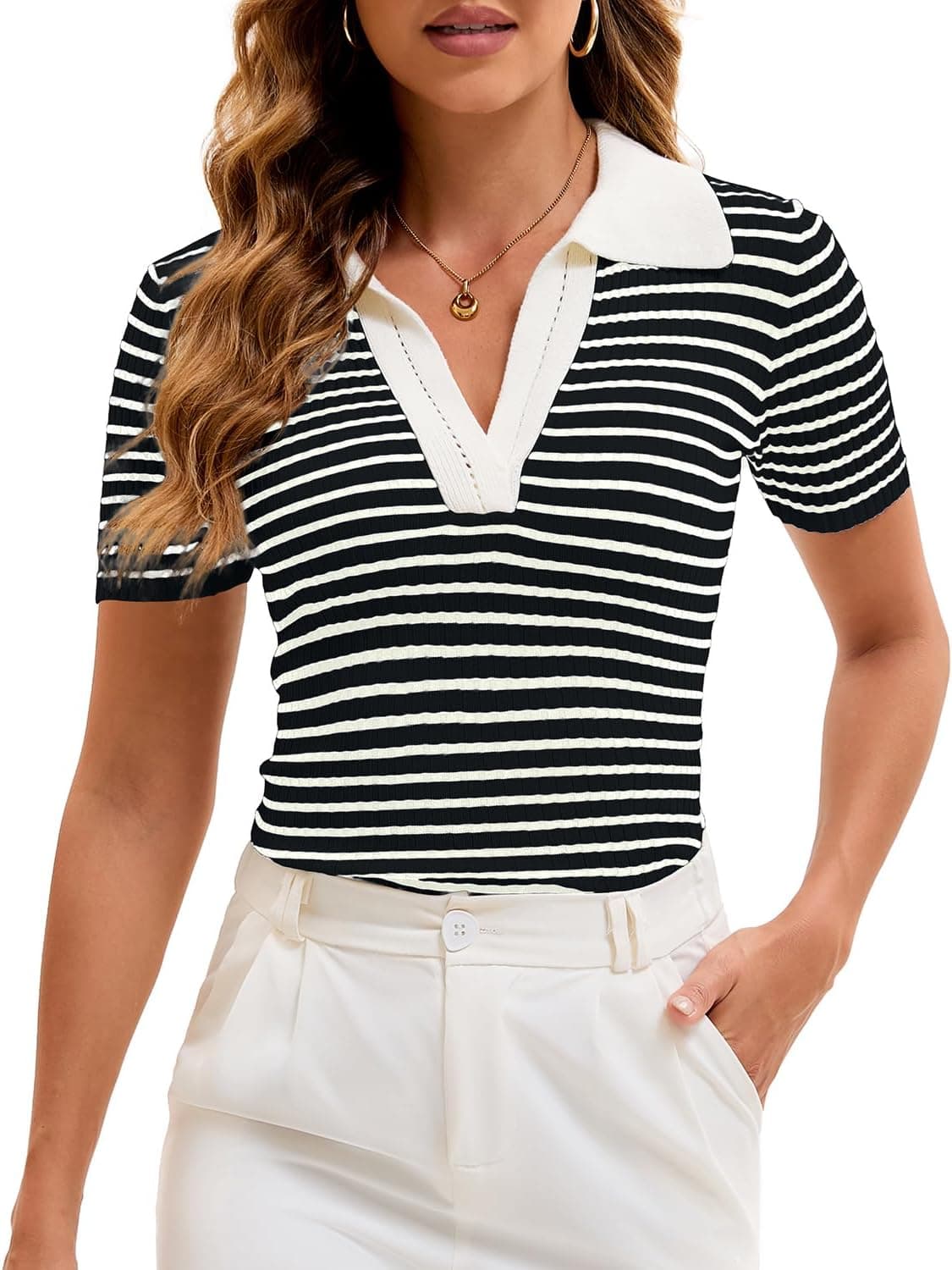 Cioatin Striped Polo Crop Top - Vintage V-Neck Knit Tee - Image 1