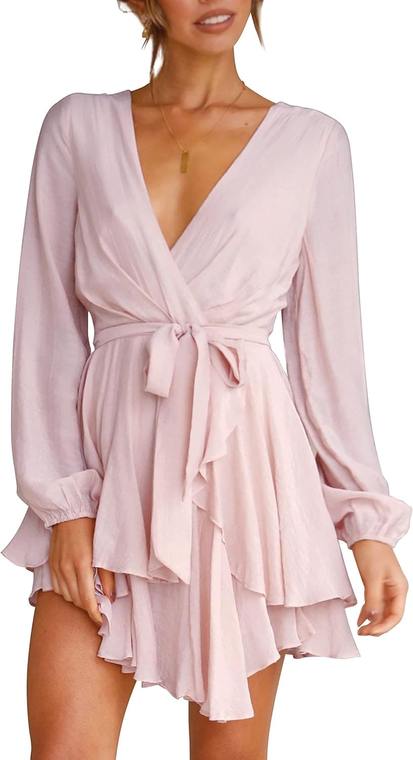 Cosonsen Deep V-Neck Ruffle Mini Dress in Pink - Image 1
