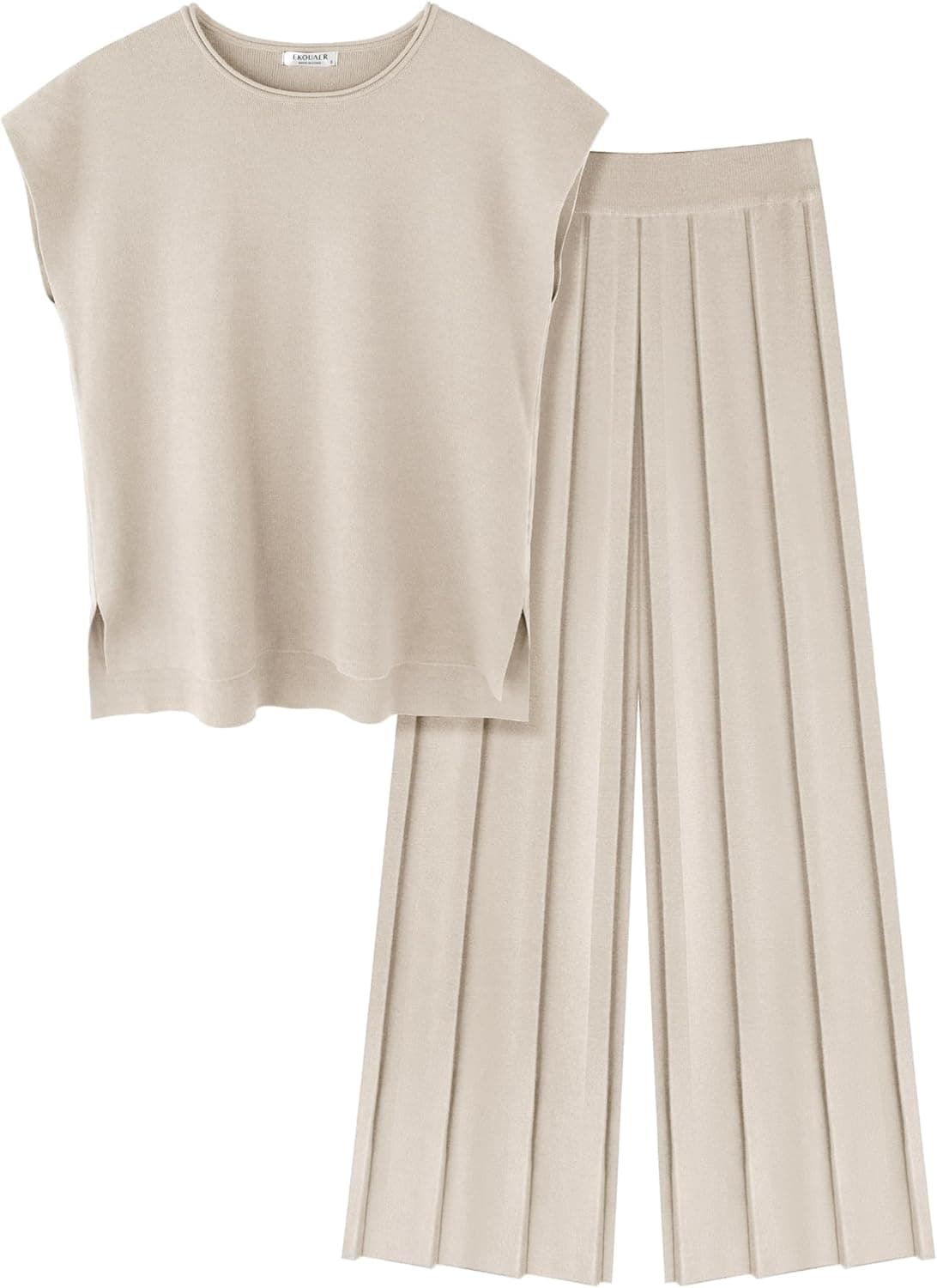 Ekouaer Knit Two-Piece Lounge Set - Cap Sleeve Top & Wide Leg Pants - Image 1