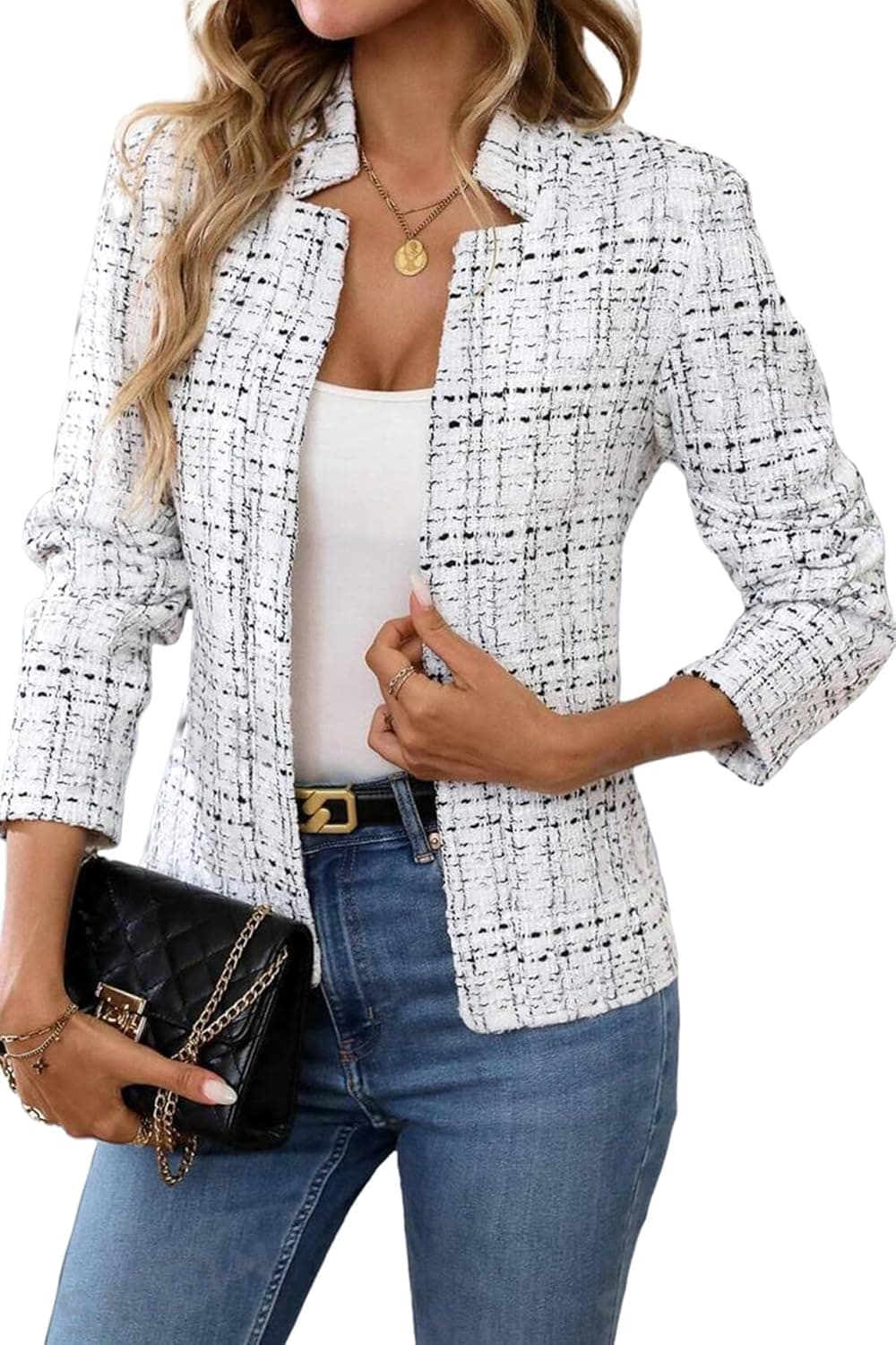 ELLEVEN Tweed Open Front Blazer - Fully Lined Professional Jacket - Image 1