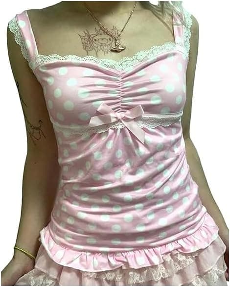 Amiblvowa Vintage Lace Trim Ruched Cami Tank Top - Image 1