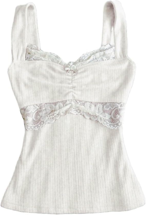 Amiblvowa Vintage Lace-Trim Ruched Cami Tank - Image 1