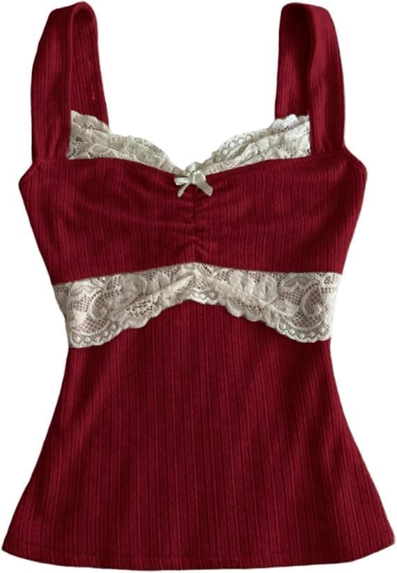 Amiblvowa Vintage Lace Trim Ruched Camisole Tank Top - Image 1