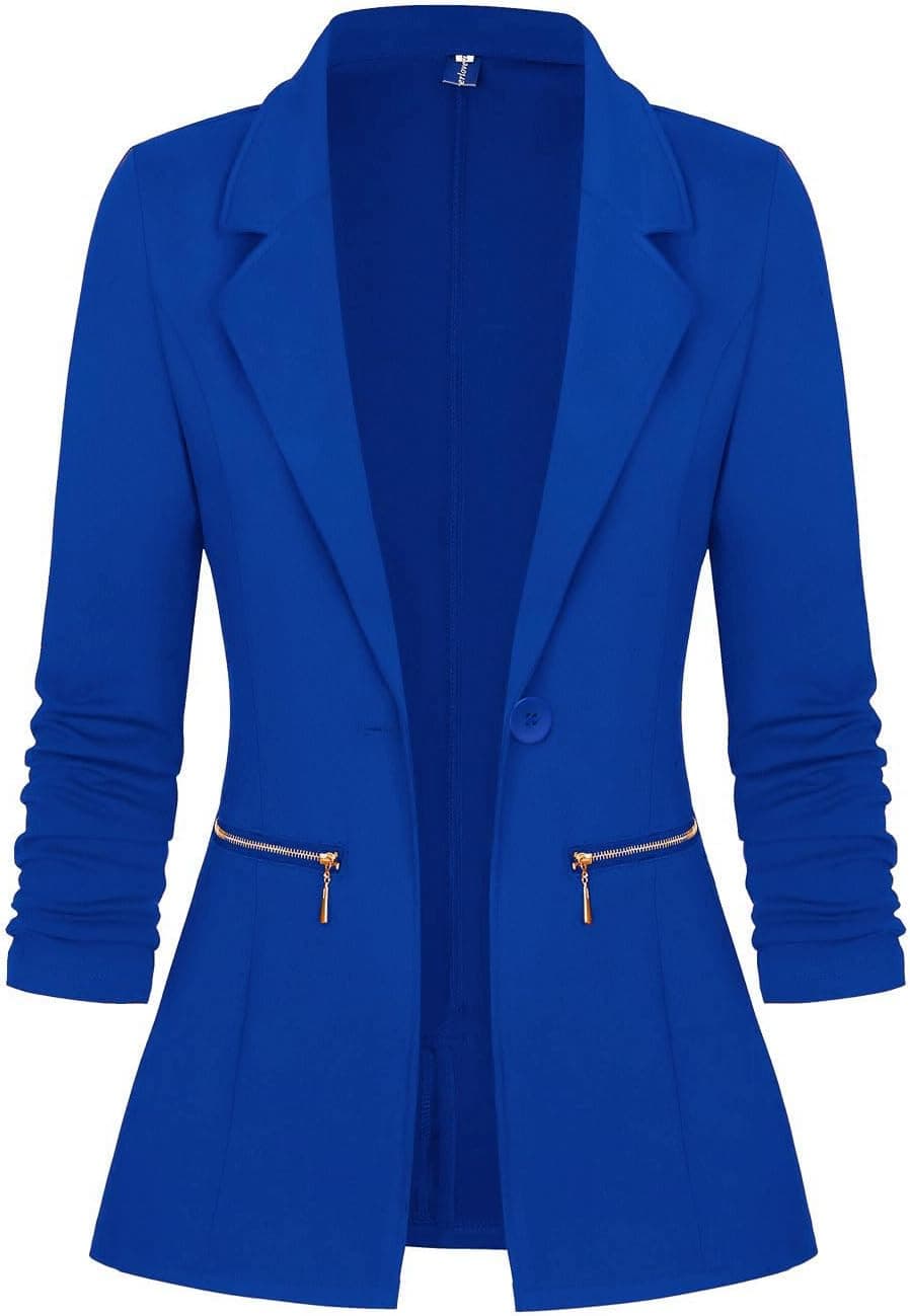 Genhoo Royal Blue Open Front Blazer with Zipper Pockets - Image 1