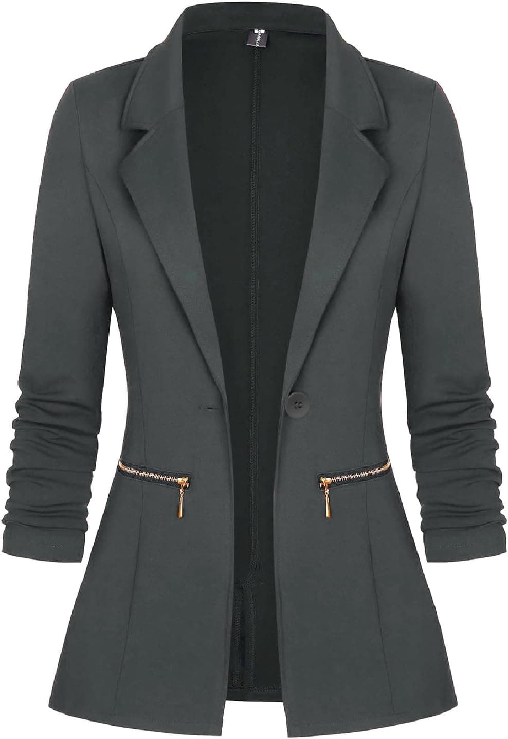Genhoo Dark Grey Open Front Blazer with Zip Pockets - Image 1