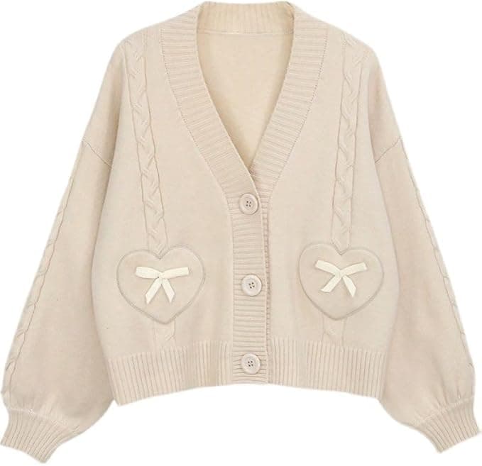 AISYBB Kawaii Heart Bow Knitted Cardigan in Pink - Image 1