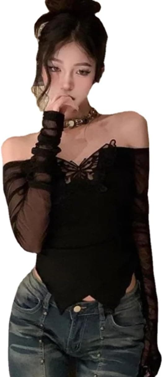 YHUCTRE Butterfly Mesh Off-Shoulder Cropped Top - Image 1