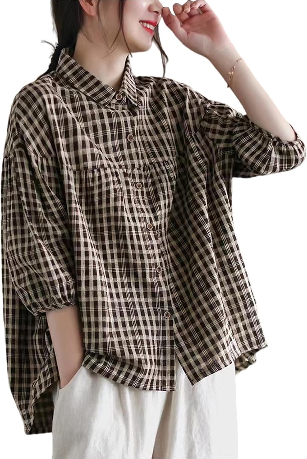 FEUSEUZ Retro Cotton Linen Checkered Button-Up Shirt - Image 1