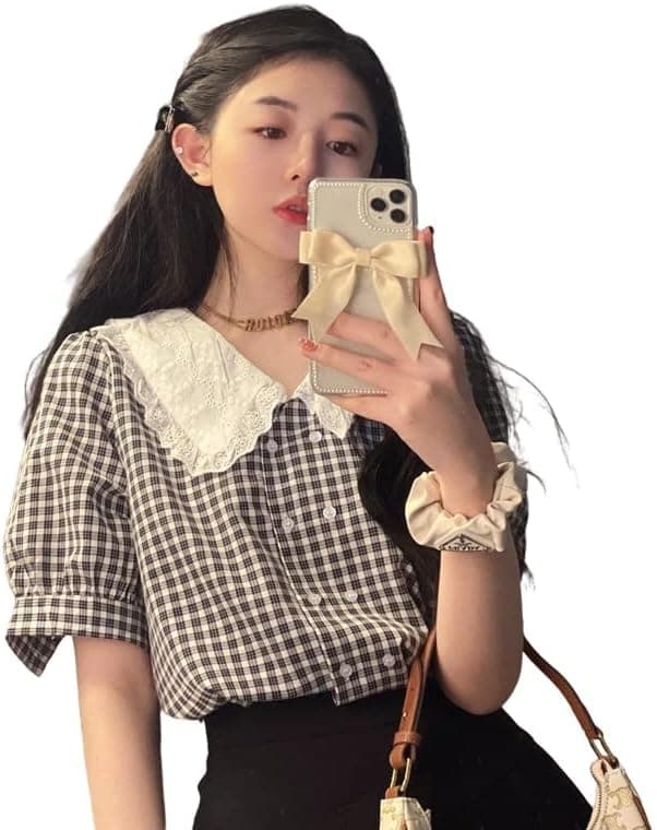 BXCNCKD French Plaid Doll Collar Puff Sleeve Blouse - Image 1