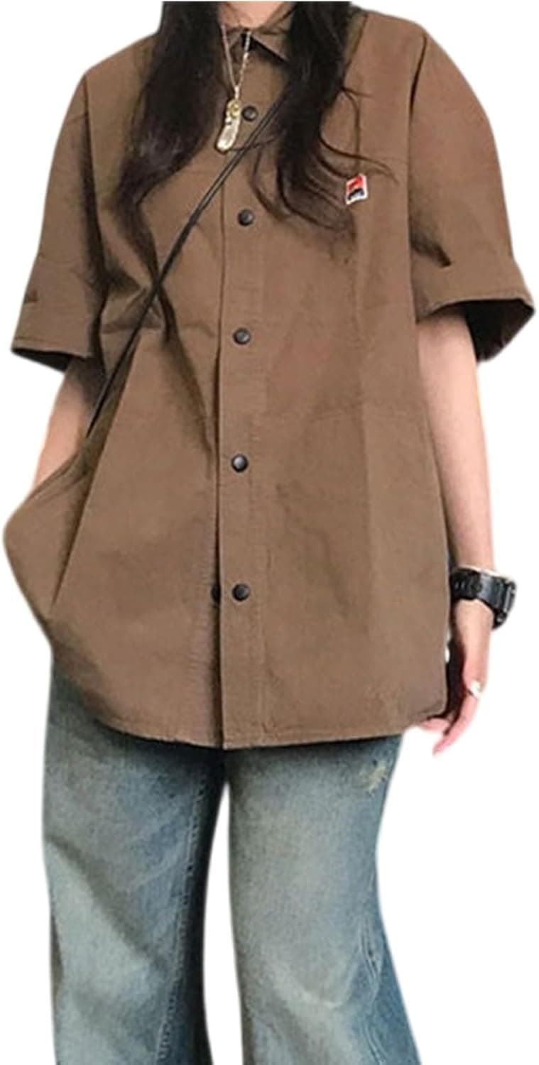 UICIOP Retro Button-Up Blouse - Short Sleeve Coffee Shirt - Image 1