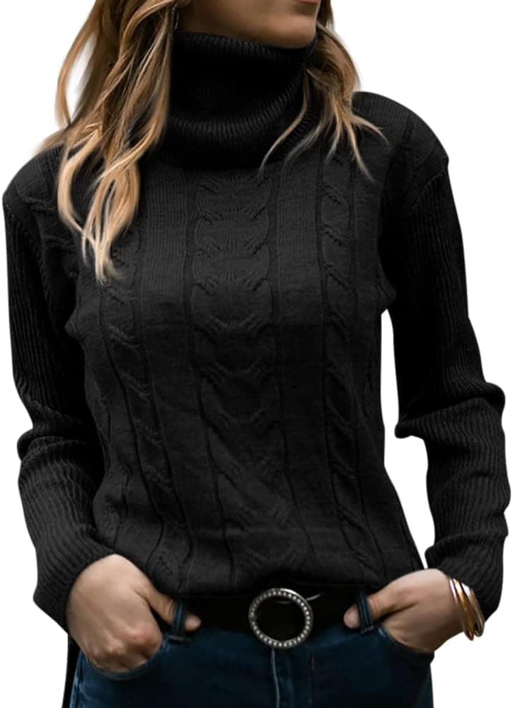 Langwyqu Cable Knit Turtleneck Sweater in Black - Image 1