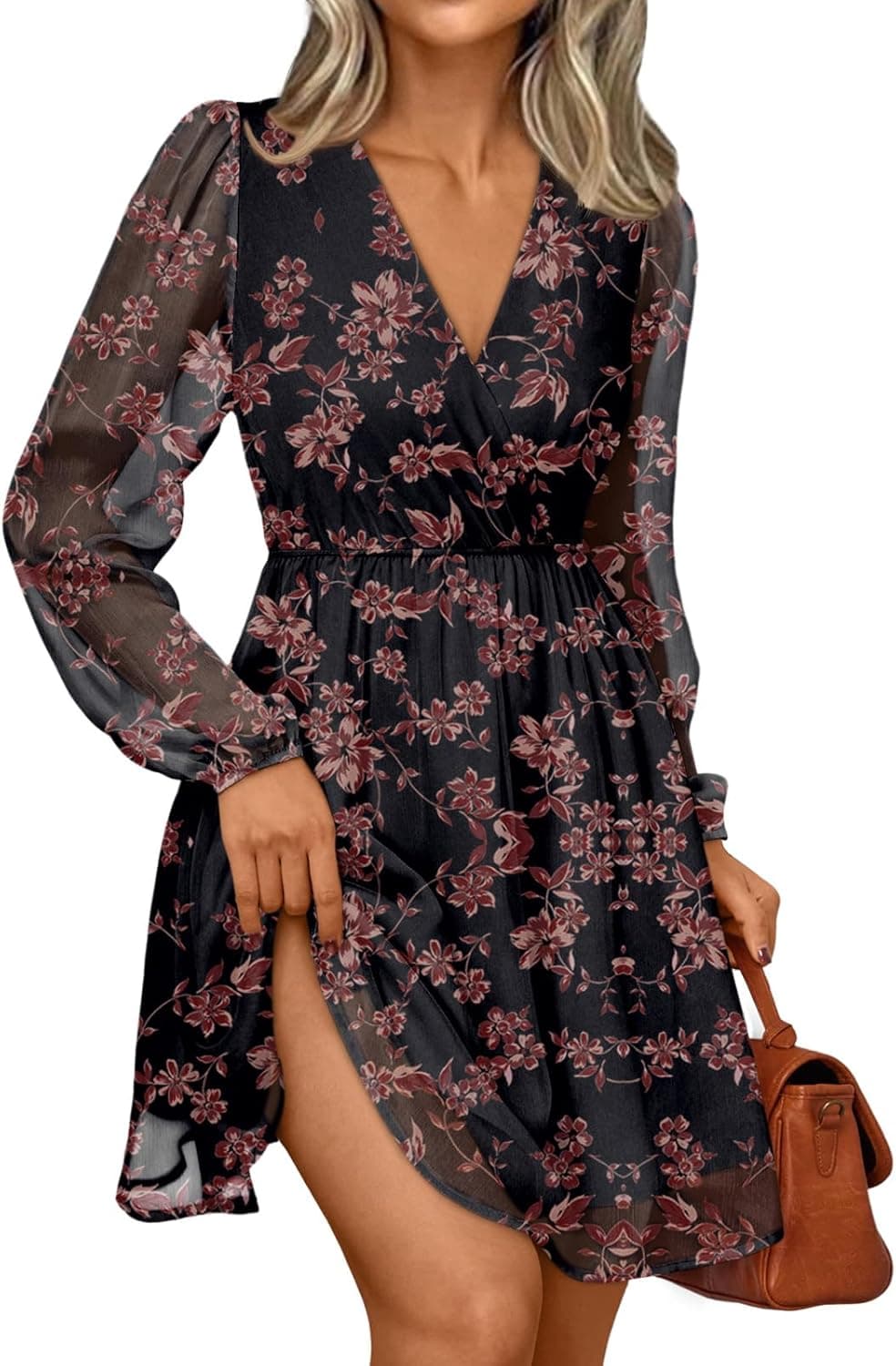 LILLUSORY V-Neck Long Sleeve Chiffon Mini Dress - Image 1