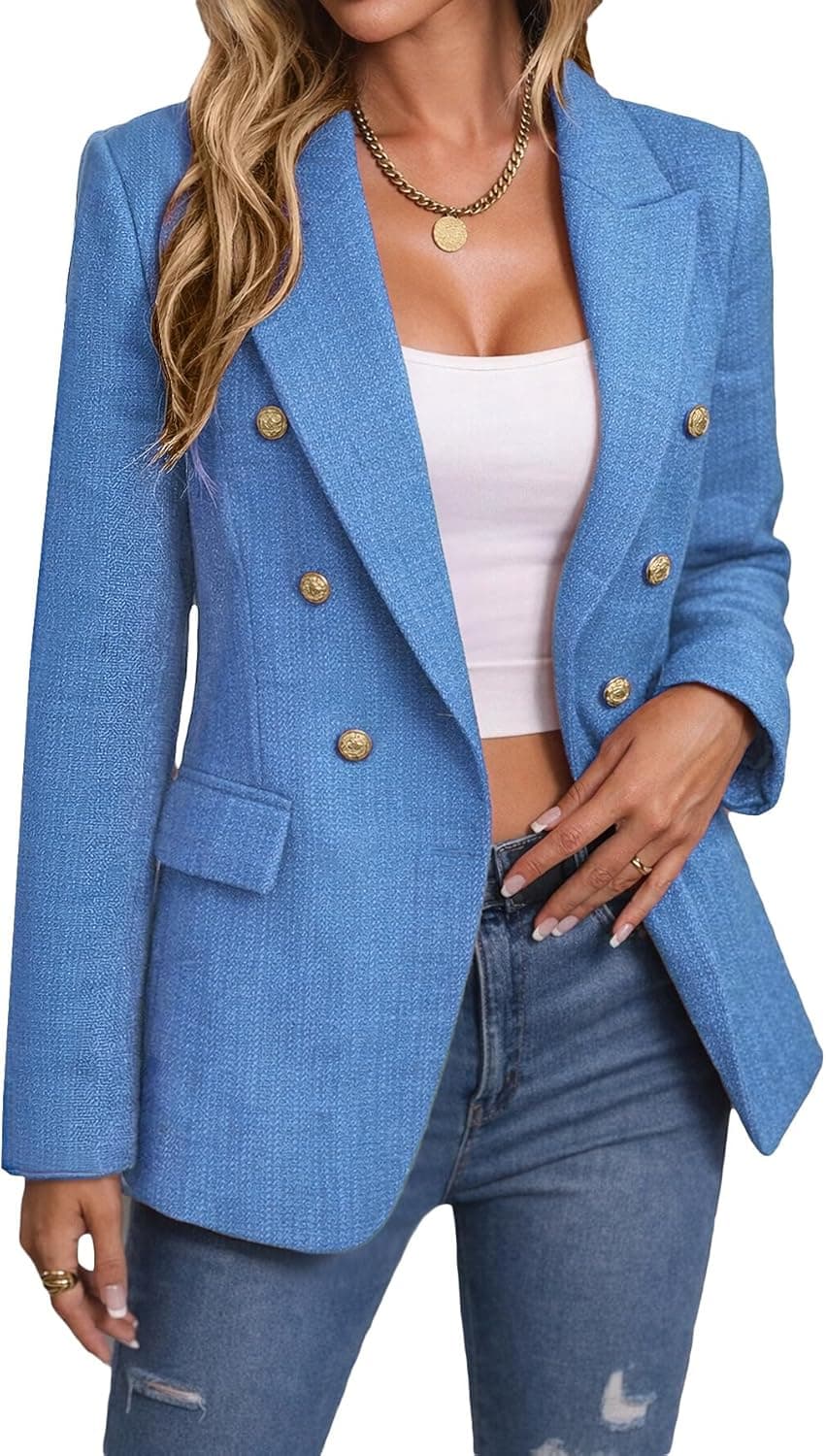 Mina Self Tweed Plaid Blazer - Dark Blue Professional Jacket - Image 1