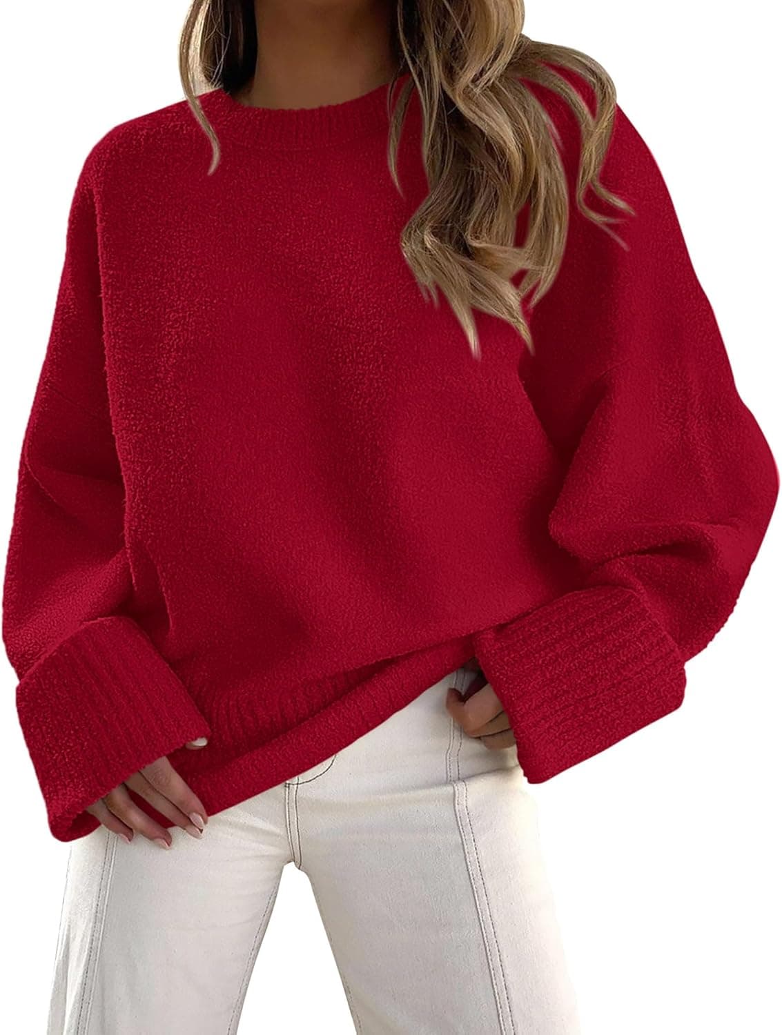 PRETTYGARDEN Red Chunky Knit Crewneck Sweater - Image 1