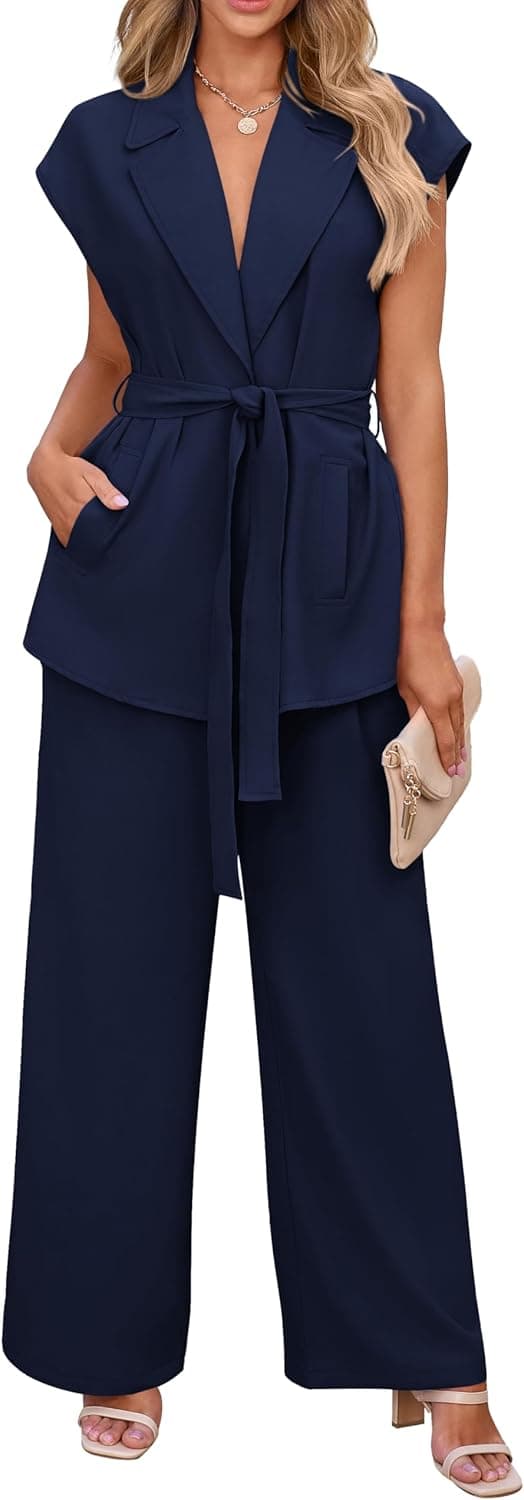 PRETTYGARDEN Cap Sleeve Blazer & Wide Leg Pants Set - Image 1