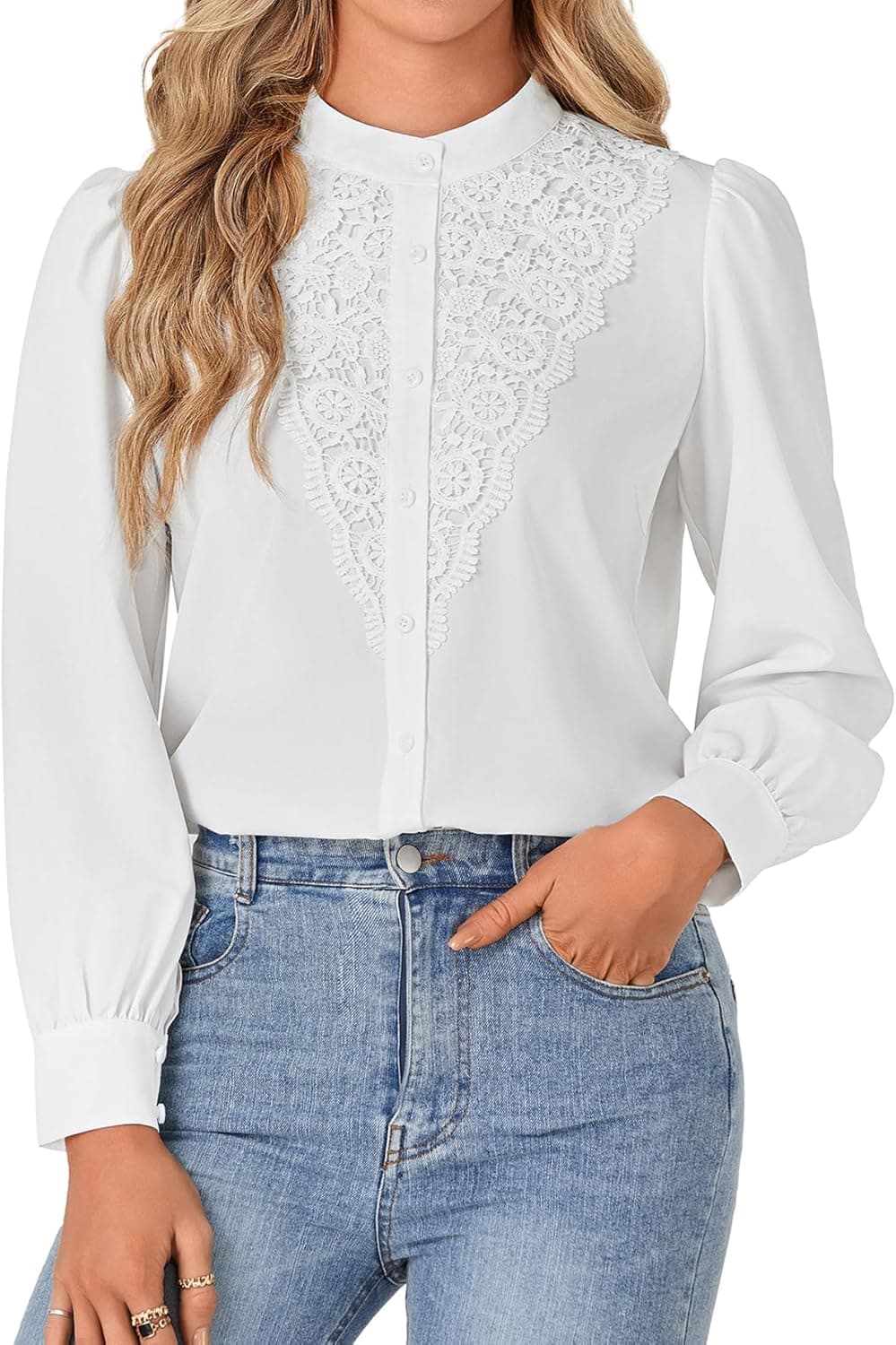 Rooscier Lace Mock Neck Button-Down Blouse - Image 1