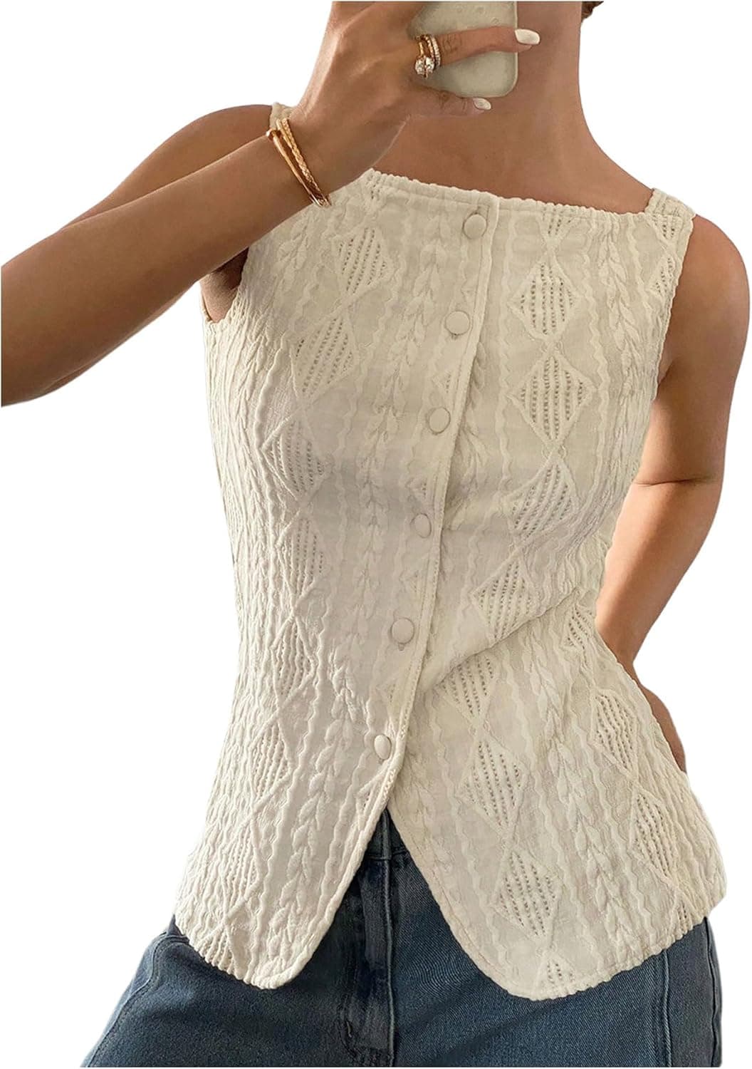 SOLY HUX Button-Down Textured Tank Top - Y2K Inspired Sleeveless Vest - Image 1