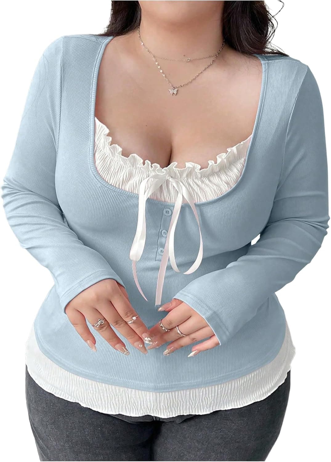 SOLY HUX Plus Size Tie-Front Long Sleeve Tee - Coquette Style - Image 1