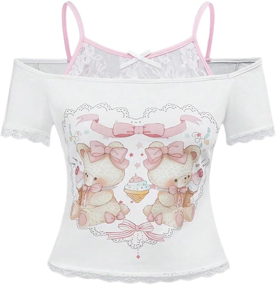 SOLY HUX Y2K Coquette Lace Bow Cold Shoulder Crop Top - Image 1