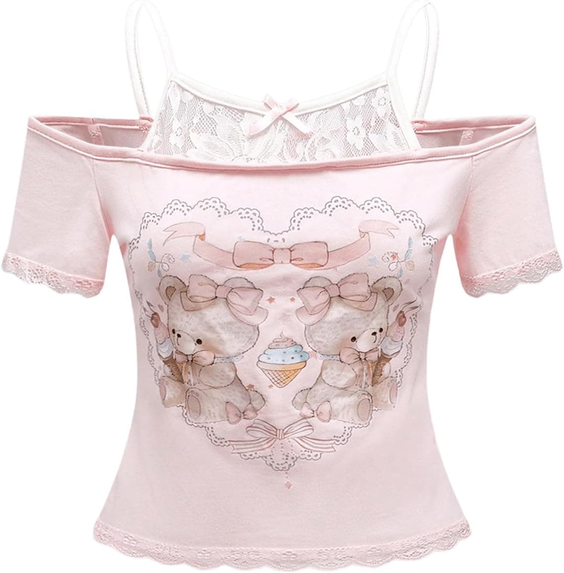 SOLY HUX Coquette Lace Bow Cold Shoulder Crop Top - Image 1