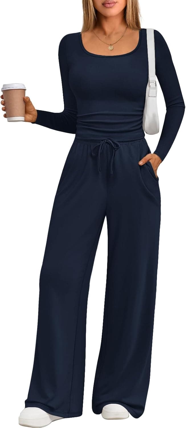 Trendy Queen Scoop Neck Lounge Set with Wide Leg Pants - Image 1