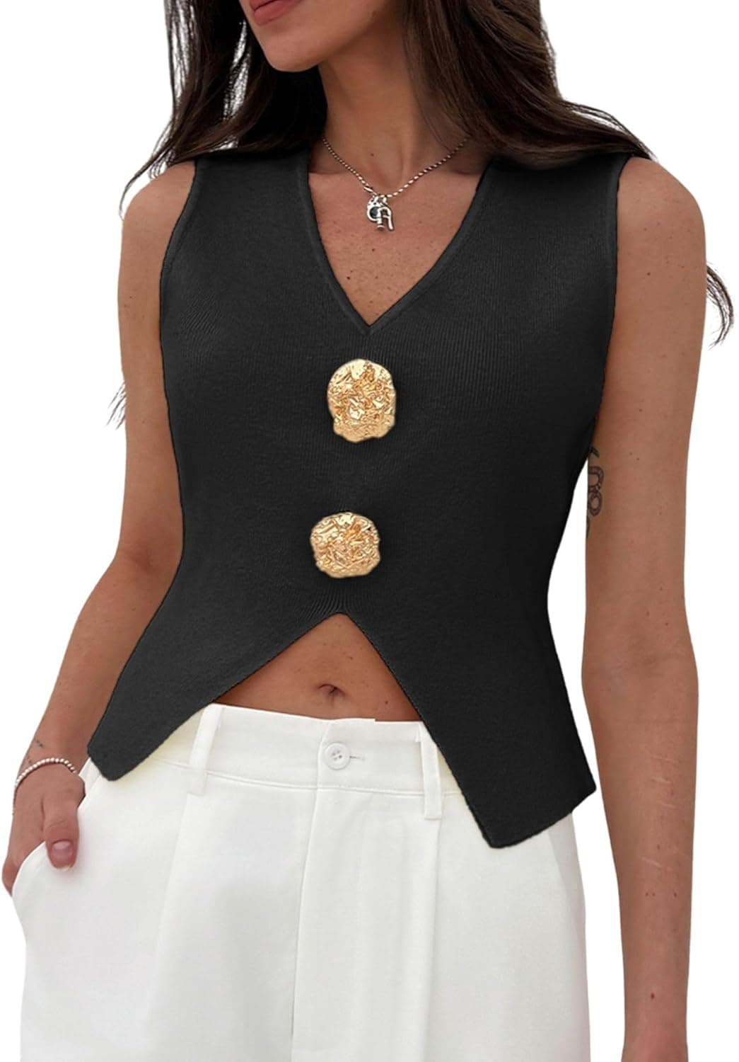 Verdusa V-Neck Metal Knit Sweater Vest - Image 1