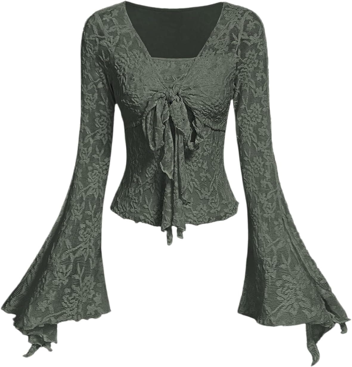 Verdusa Floral Mesh Bell Sleeve Top - Army Green - Image 1