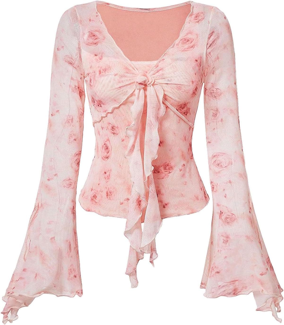 Verdusa Pink Floral Mesh Bell Sleeve Top - Image 1