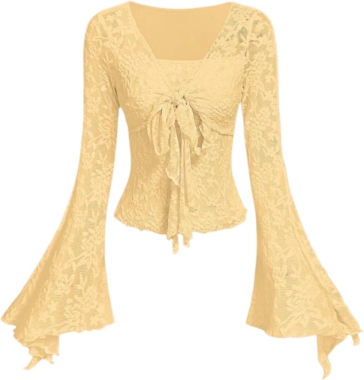 Verdusa Floral Mesh Bell Sleeve Top - Butter Yellow - Image 1