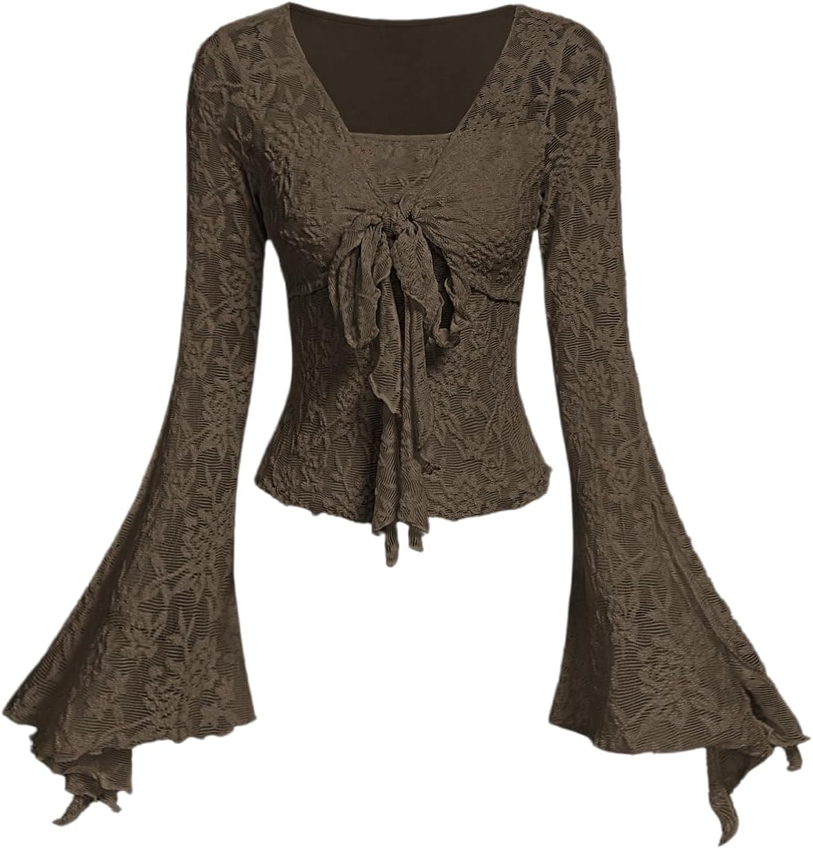 Verdusa Floral Mesh Bell Sleeve Top - Brown Y2K Style - Image 1