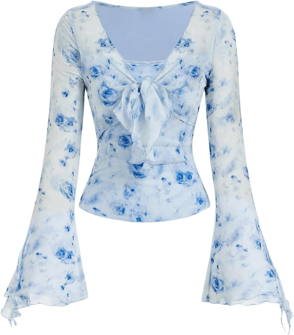Verdusa Floral Mesh Bell Sleeve Y2K Top - Image 1