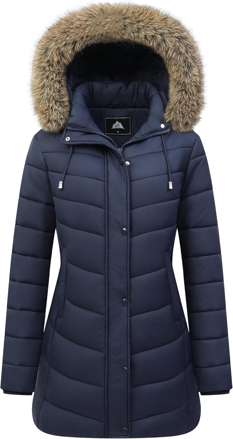 Pufflady Long Fleece-Lined Winter Parka with Detachable Hood - Image 1