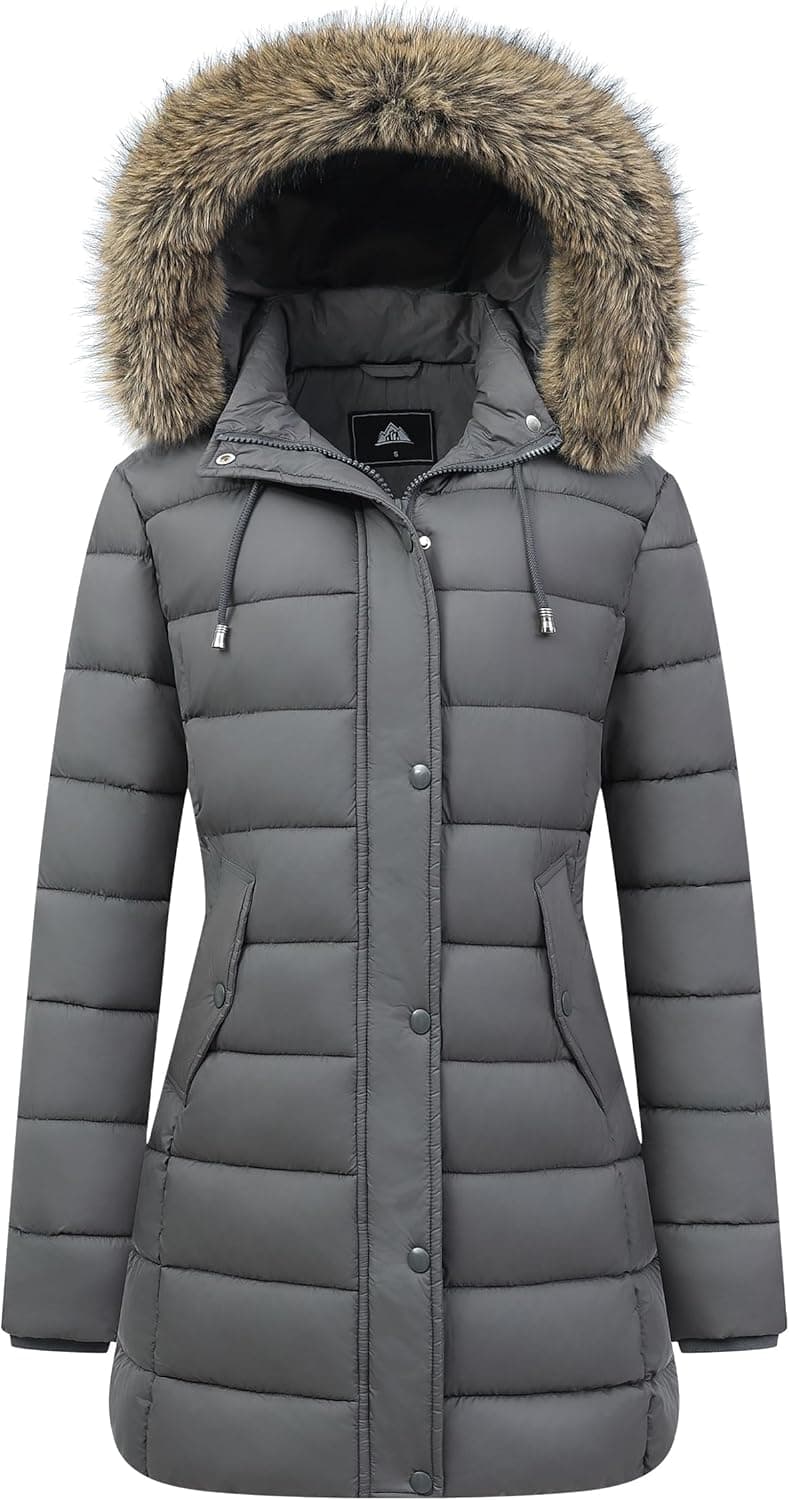 Pufflady Luxe Long Puffer Coat with Removable Faux Fur Hood - Image 1