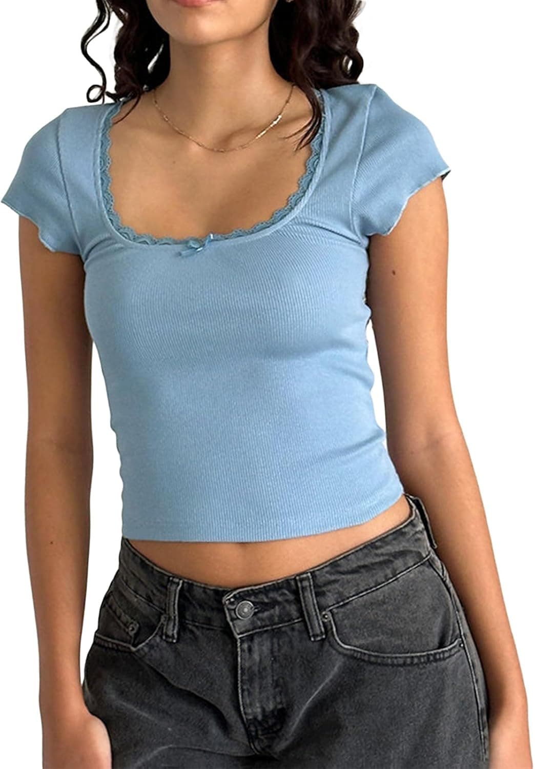 Tsultryofs Y2K Fairy Grunge Lace-Trim Crop Tee - Image 1