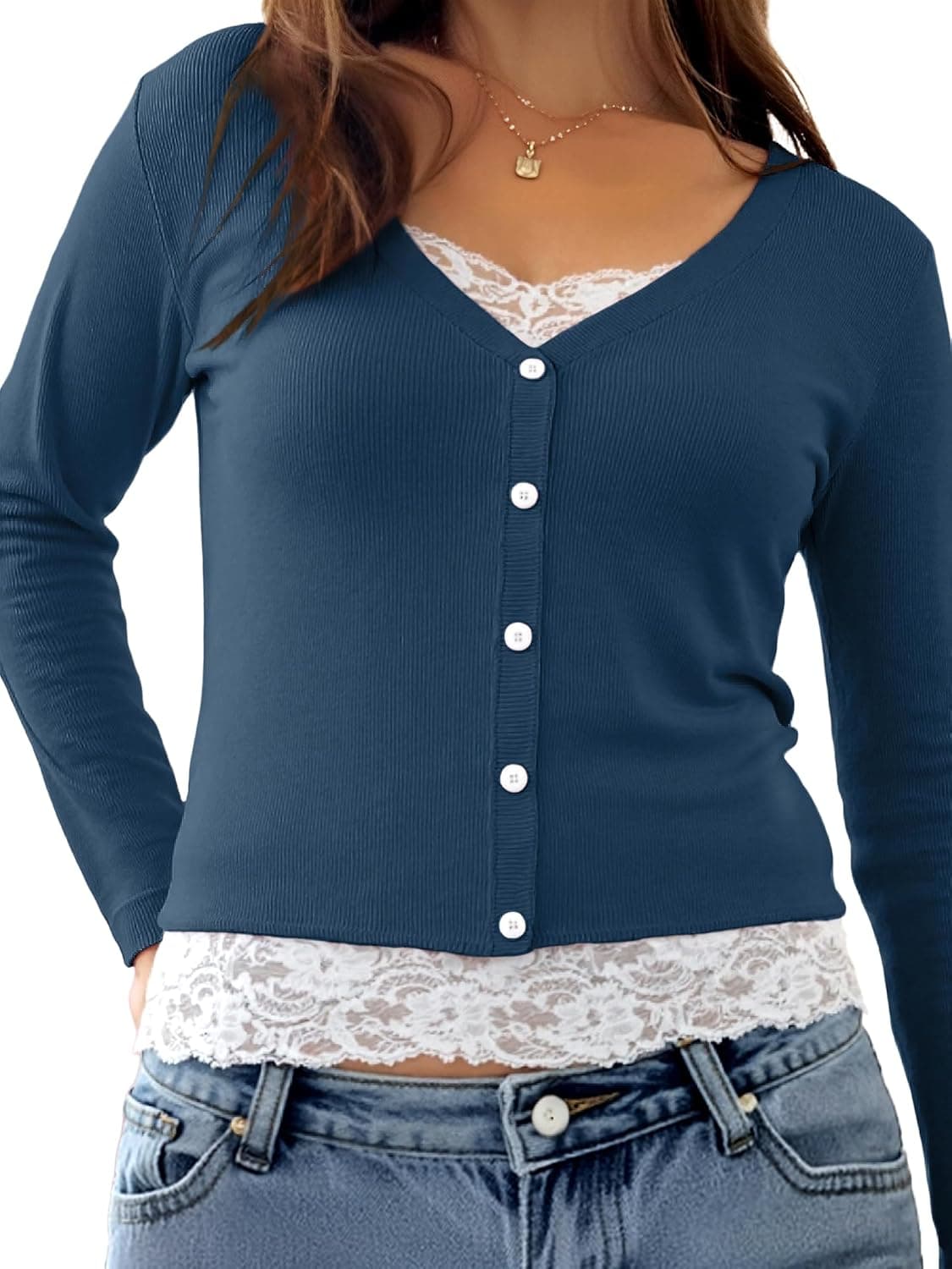 EMMIOL Y2K Lace Panel Henley Long Sleeve Top - Image 1