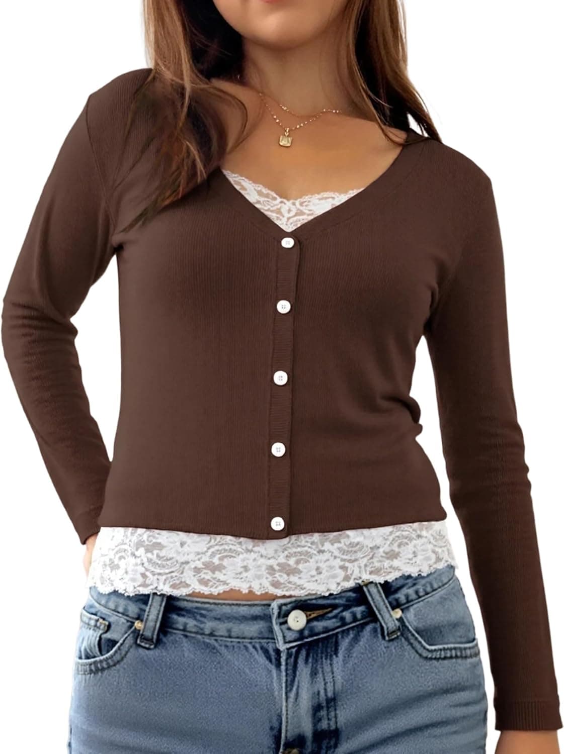EMMIOL Lace Panel Henley Long Sleeve Top - Y2K Style - Image 1