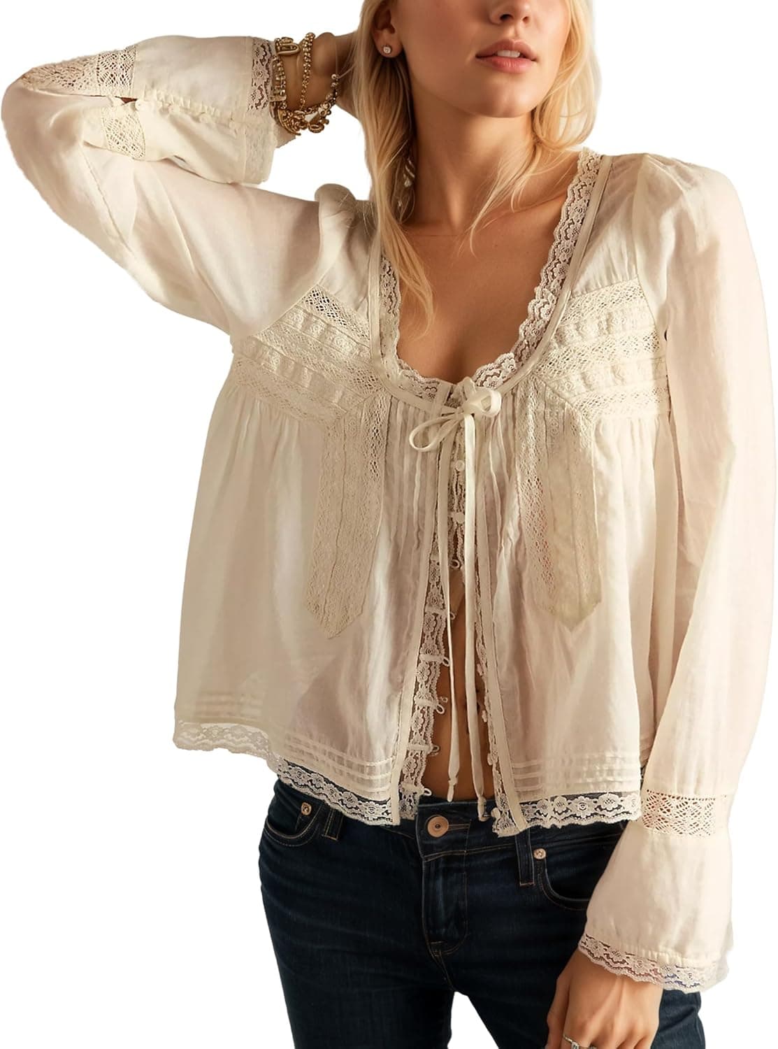FUNTOUR Bohemian Lace Tie-Front Chiffon Blouse - Image 1