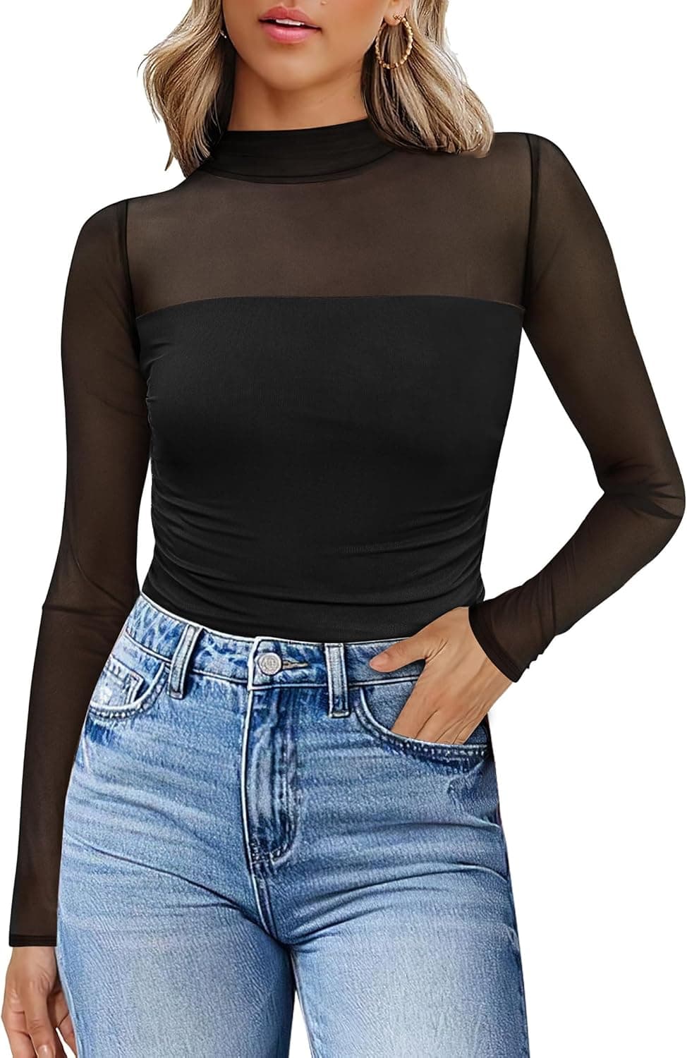 WIHOLL Sheer Mesh Turtleneck Long Sleeve Top - Image 1
