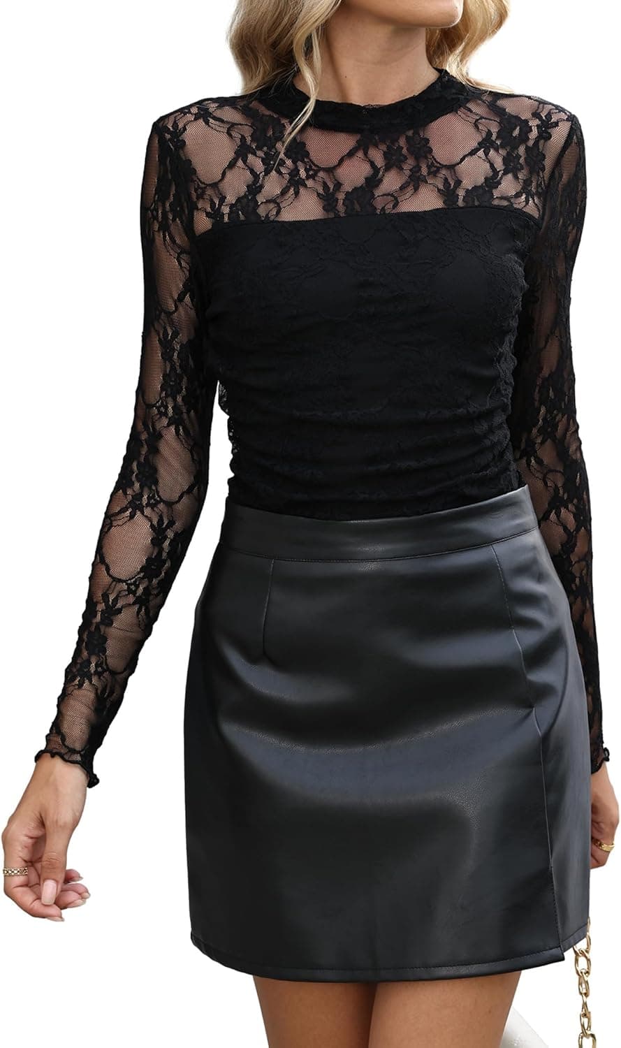 WIHOLL Mesh Turtleneck Top - Black Lace Detail Long Sleeve Blouse - Image 1