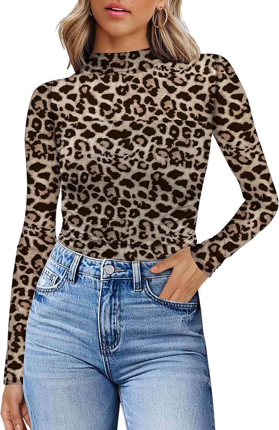 WIHOLL Leopard Print Mesh Turtleneck Top - Long Sleeve Sheer Blouse - Image 1