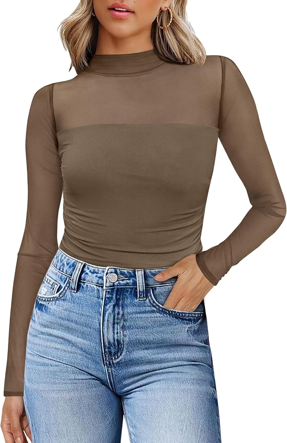 WIHOLL Brown Mesh Turtle Neck Long Sleeve Top - Image 1