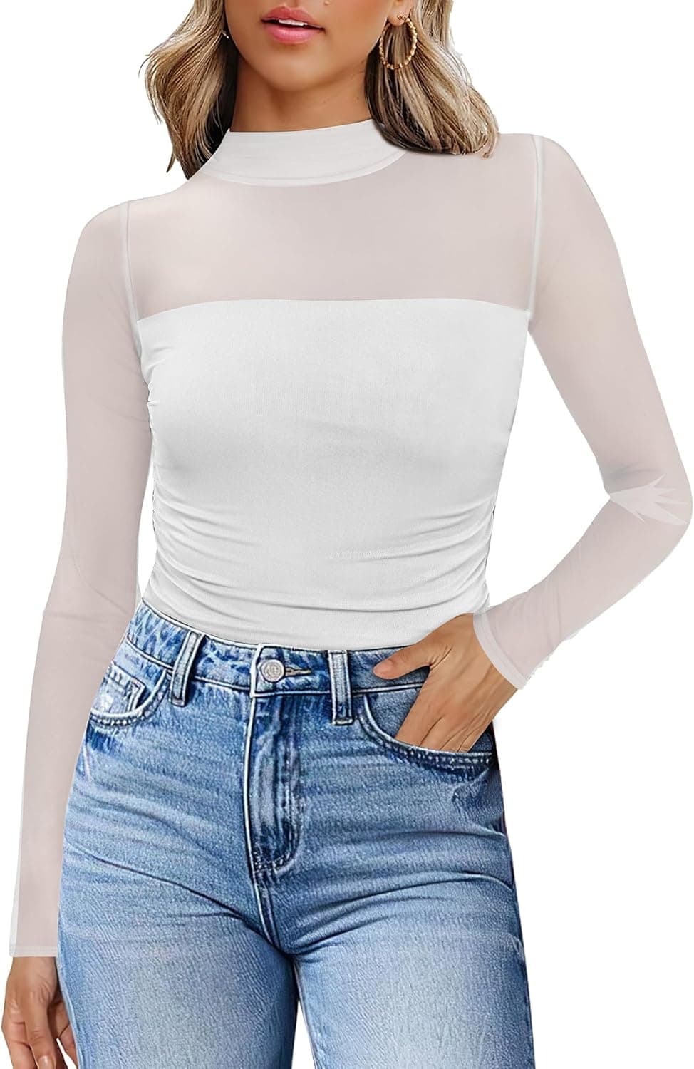 WIHOLL Classic White Mesh Mock Turtleneck Long Sleeve Top - Image 1